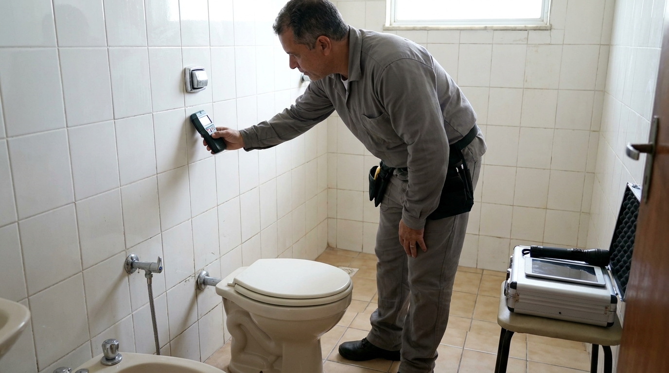 Técnico de caça vazamento analisando tubulação em Palhoça‑SC
